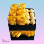 Box de 8 Rosas Amarillas y 8 Bombones Ferrero.